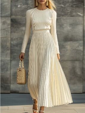 Cream Pleated Maxi Skirt - Women's High-Waist Elegance